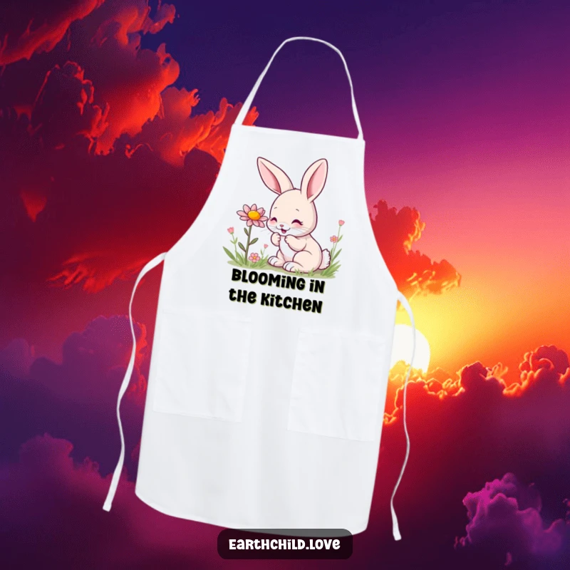 Funny kawaii bunny apron, a cute bunny eagerly sniffing a wildflower with evident delight.