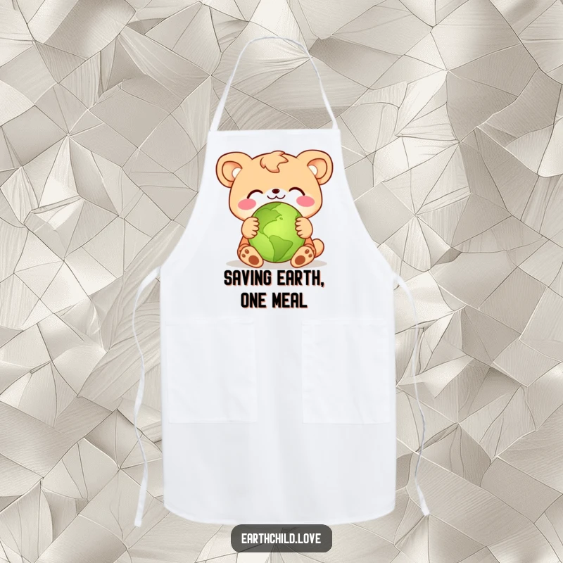 Funny animal character in a warm embrace around a small green planet, printed on a functional kitchen apron.