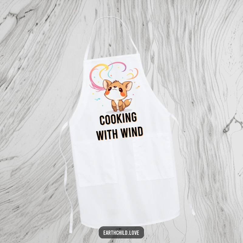 Funny curious animal character looking up at colorful, swirling winds, on a functional kitchen apron.