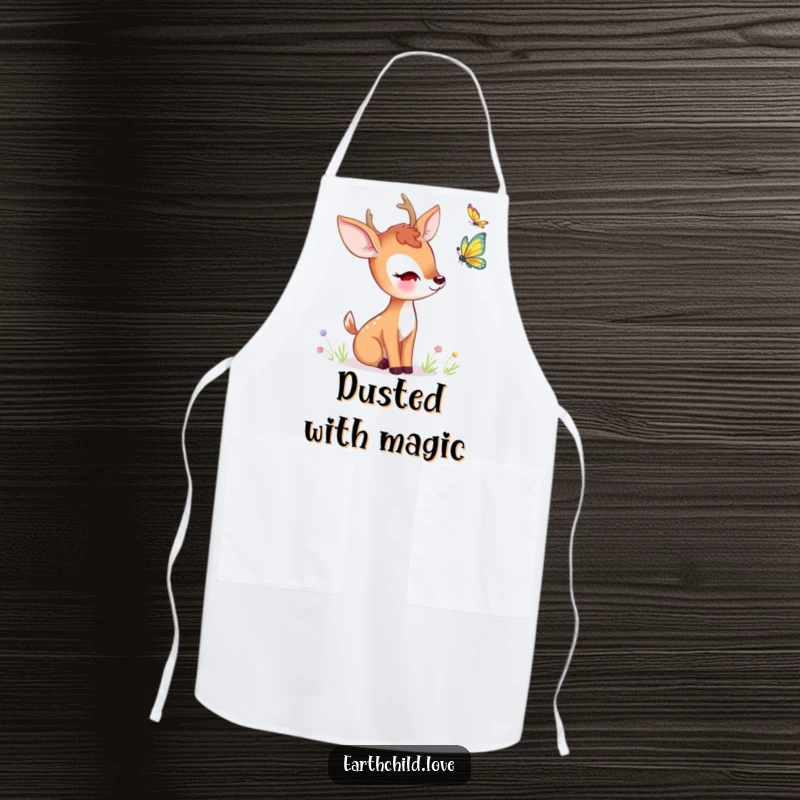 Funny kawaii deer apron, a cute deer curiously observing a fluttering butterfly.