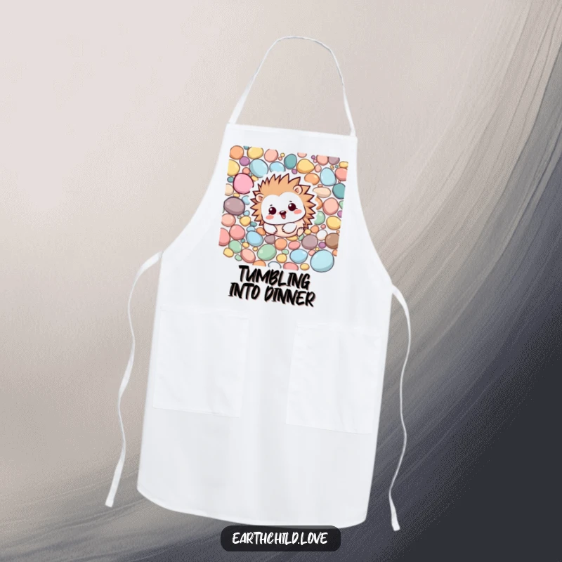 Funny Kawaii hedgehog rolling playfully amongst colorful pebbles, a cute and practical kitchen apron.