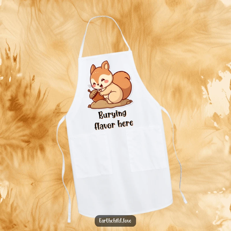 Funny kawaii squirrel apron, a cute squirrel burying an acorn with an excited wiggle.