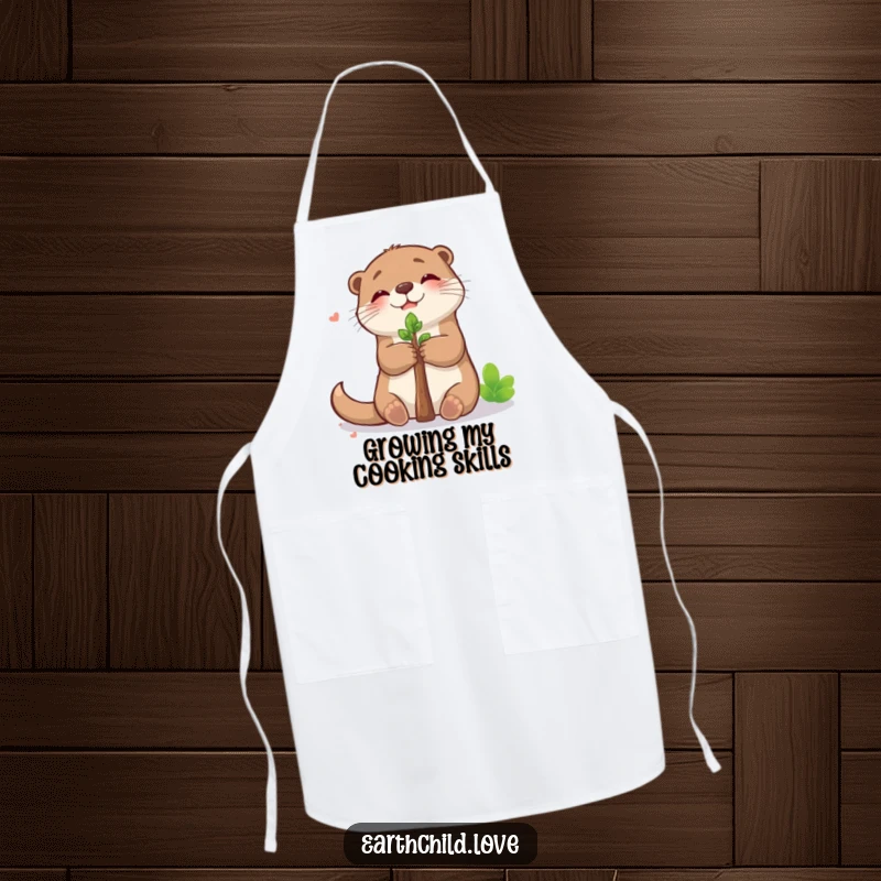 Funny kawaii otter apron, a cute otter joyfully hugging a tiny sapling, ideal for kitchen fun.
