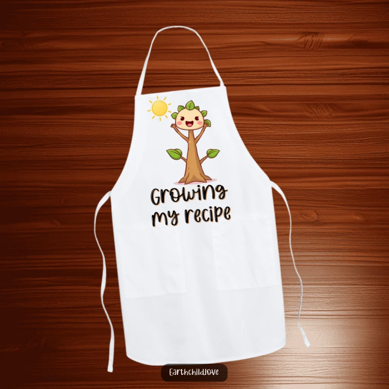 Funny tree sprout apron, kawaii character reaching enthusiastically towards the sun, perfect for gardeners who love nature.