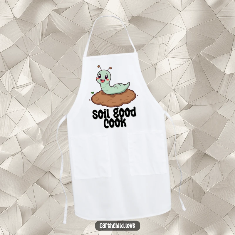 Funny Kawaii Earthworm Apron showing a cute earthworm burrowing in soil, a practical and funny accessory for kitchen or garden use.