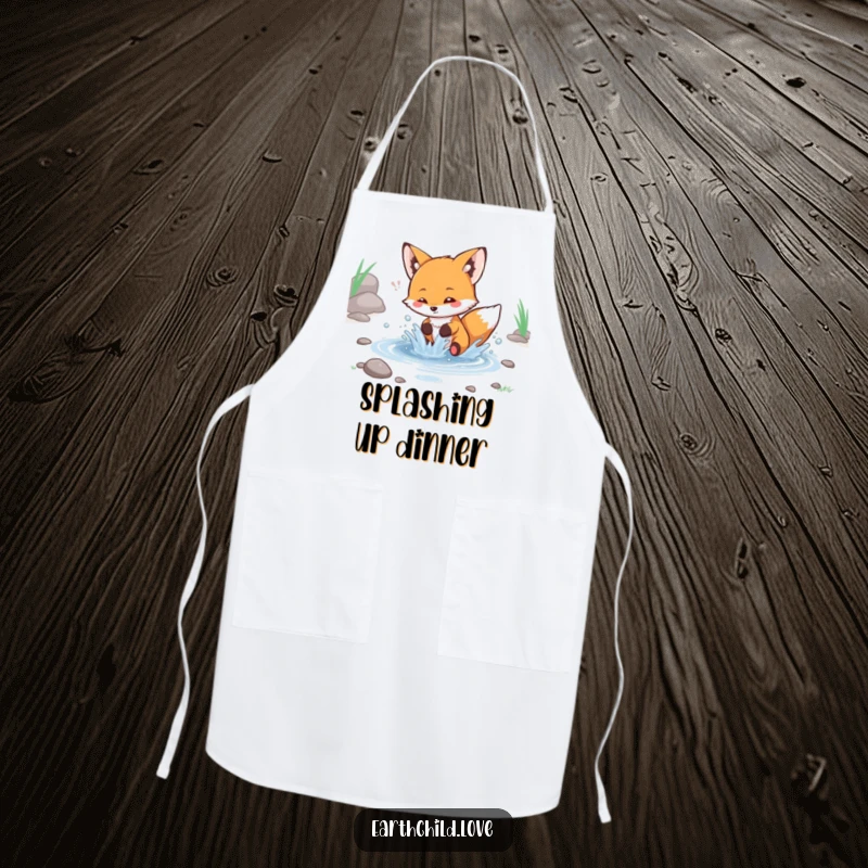 Funny kawaii fox apron, a cute fox playfully splashing water in a small stream.