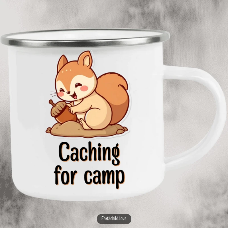 Funny kawaii squirrel camping mug, a cute squirrel burying an acorn with an excited wiggle.