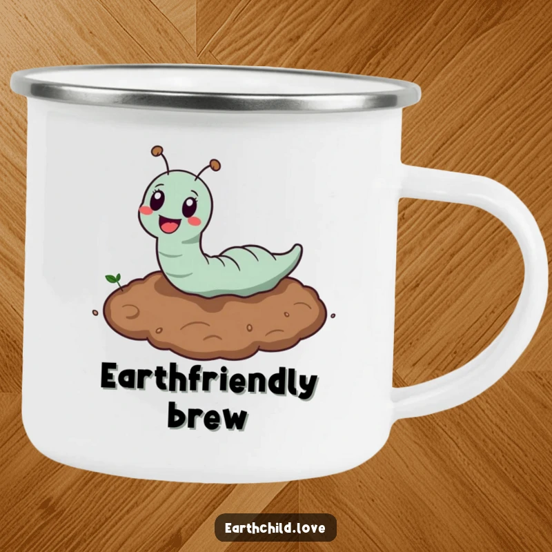 Funny Kawaii Earthworm Camping Mug featuring a cute earthworm burrowing in soil, a whimsical and funny mug for camping trips.