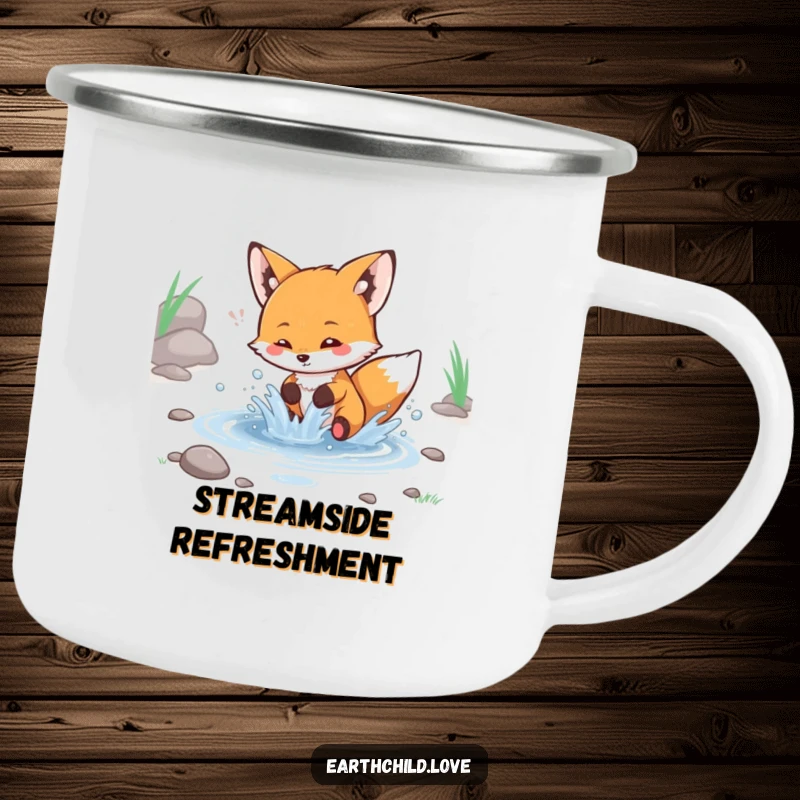 Funny kawaii fox camping mug, a cute fox playfully splashing water in a stream.