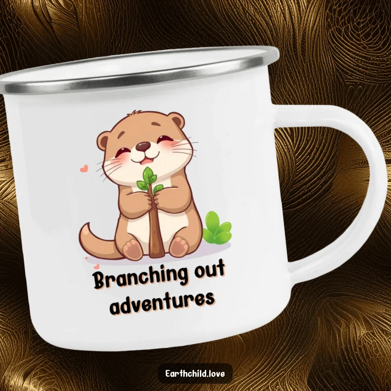 Funny kawaii otter camping mug, a cute otter hugging a sapling with joy, ready for outdoor adventures.