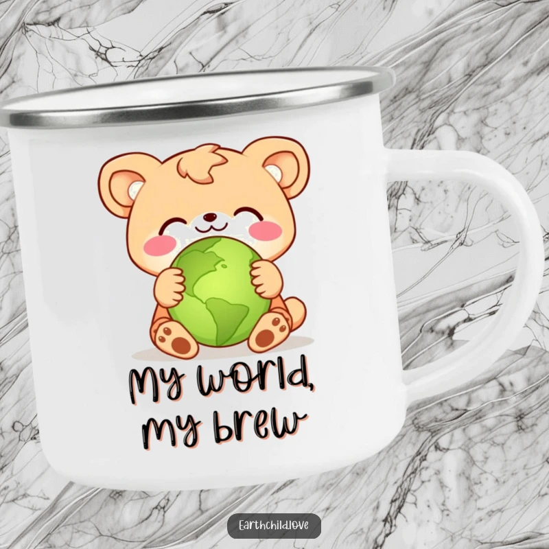 Funny animal character giving a big hug to a small green planet, printed on a rugged camping mug.