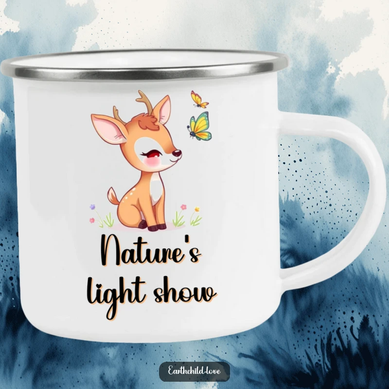 Funny kawaii deer camping mug, a cute deer curiously observing a fluttering butterfly.