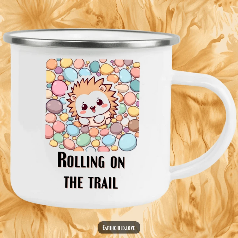 Funny Kawaii hedgehog rolling amongst colorful pebbles, a durable camping mug for outdoor fun.