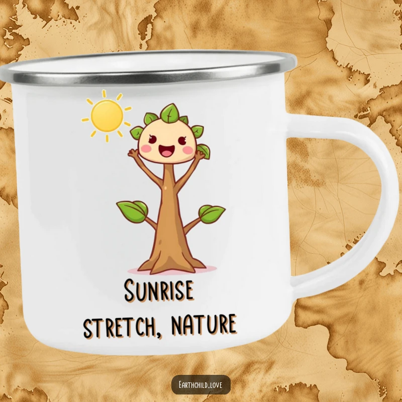 Funny tree sprout camping mug, kawaii character reaching enthusiastically towards the sun, durable for outdoor use and inspiration.