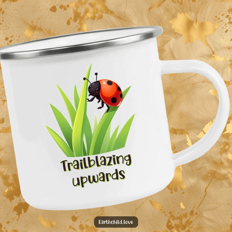 Funny Kawaii Ladybug Camping Mug featuring a cute ladybug on grass, perfect for outdoor adventures and a cheerful funny gift.