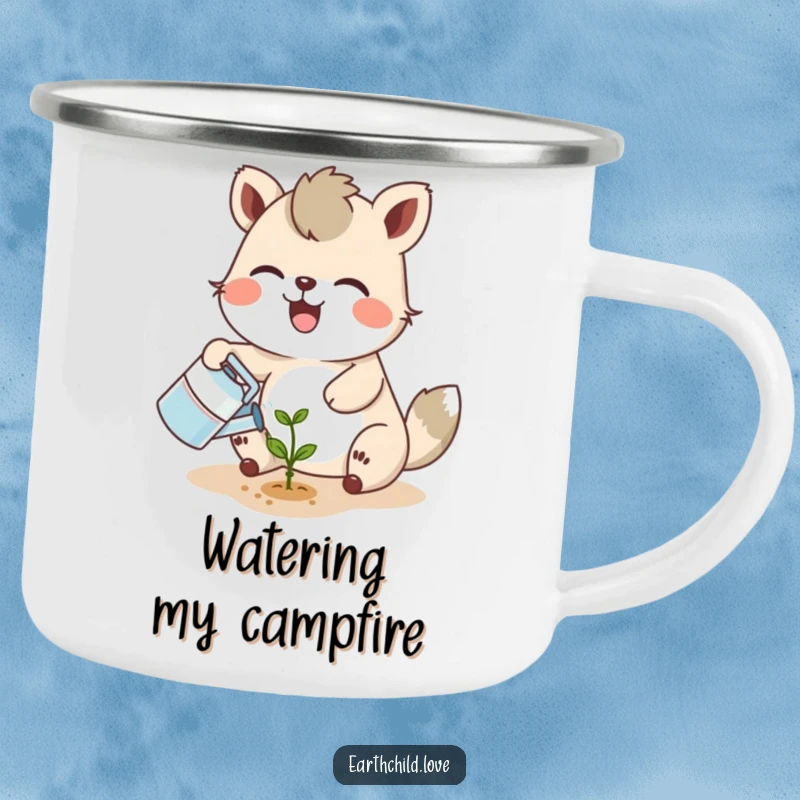 Funny joyful animal character watering a tiny seedling with a smiling sprout, on a rugged camping mug.