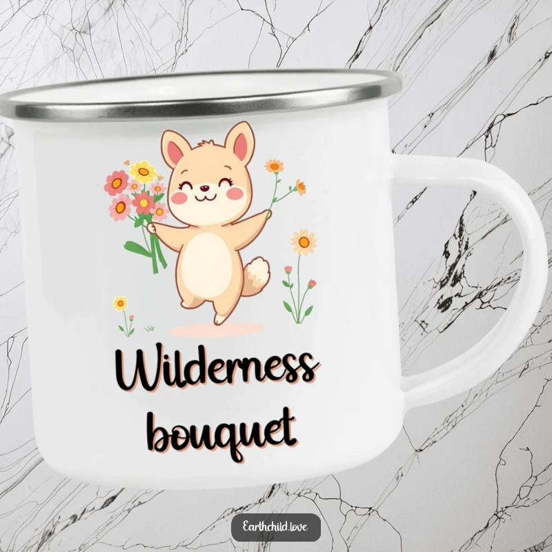 Funny cheerful animal character dancing with a bouquet of wildflowers, on a rugged camping mug.