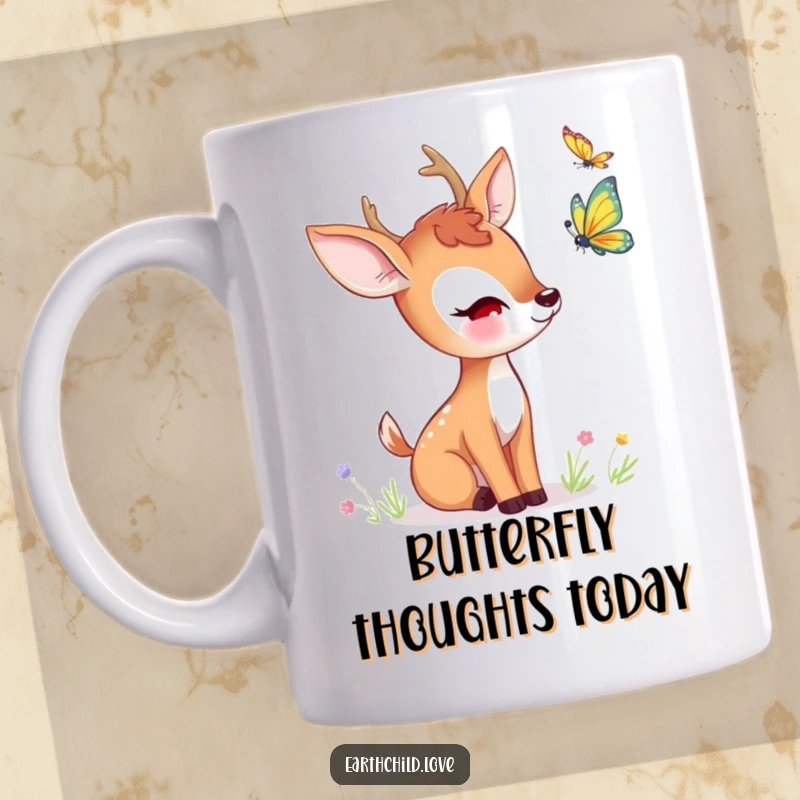 Funny kawaii deer mug, curiously observing a brightly colored fluttering butterfly with gentle interest.