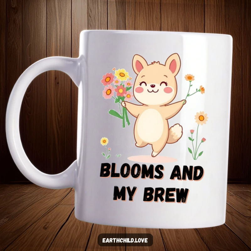 Funny cheerful animal character joyfully dancing with a bouquet of colorful wildflowers, on a happy mug.