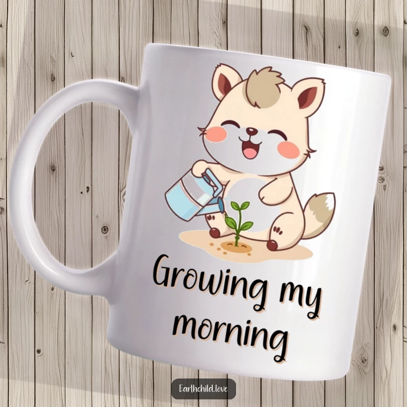 Funny joyful animal character watering a tiny seedling with a smiling sprout, on a cheerful mug.