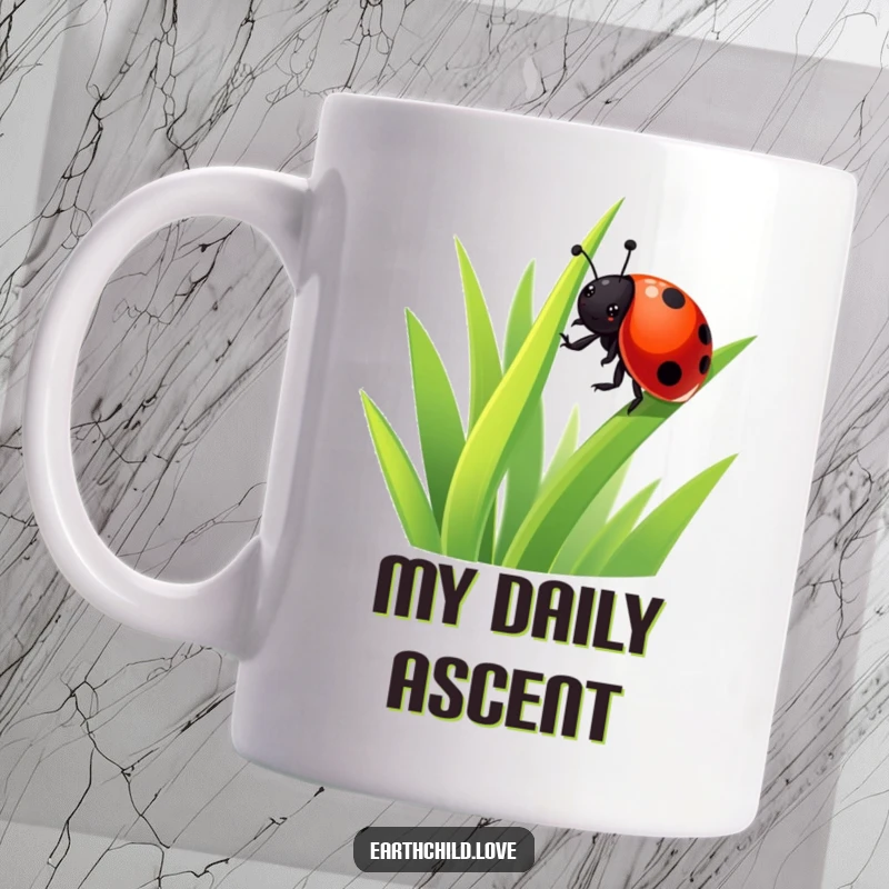 Funny Kawaii Ladybug Mug featuring a cute ladybug with a big smile, enthusiastically climbing a bright green blade of grass, perfect for a cheerful gift.