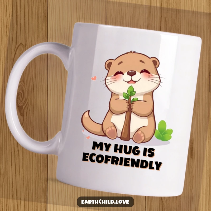 Funny kawaii otter mug, joyfully hugging a small green sapling, expressing pure delight in nature's embrace.