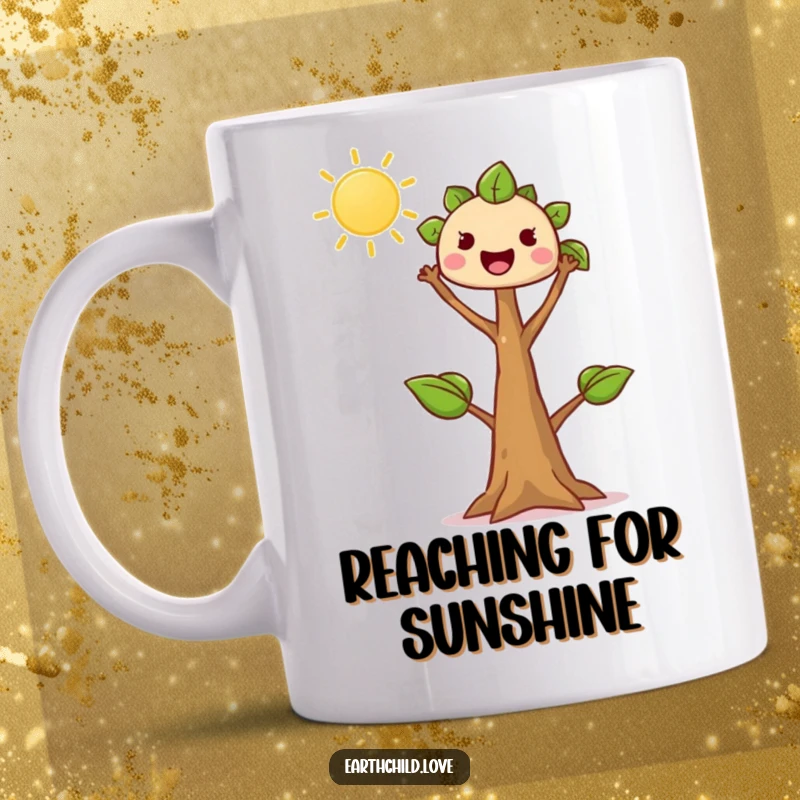 Funny tree sprout mug, kawaii character reaching enthusiastically towards the sun, symbolizing growth and positivity, ideal gift.