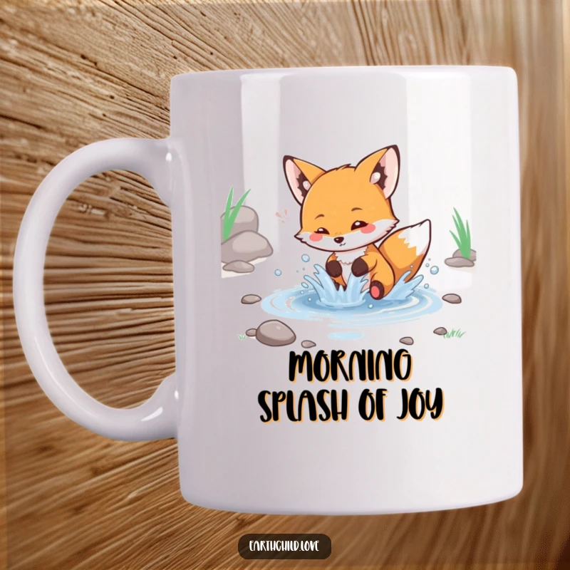 Funny kawaii fox mug, playfully splashing in a small stream with sheer delight and energy.