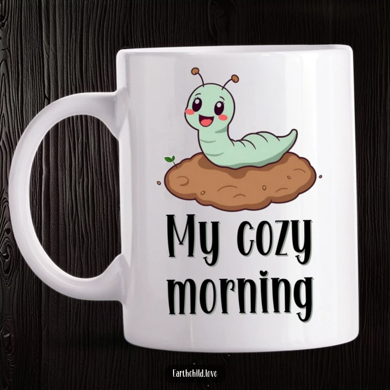 Funny Kawaii Earthworm Mug showing a cute, smiling earthworm happily burrowing through soft brown soil, a whimsical funny gift.