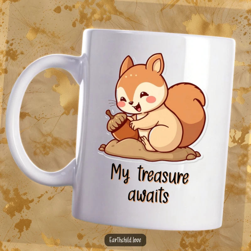 Funny kawaii squirrel mug, joyfully burying an acorn with an excited little wiggle.