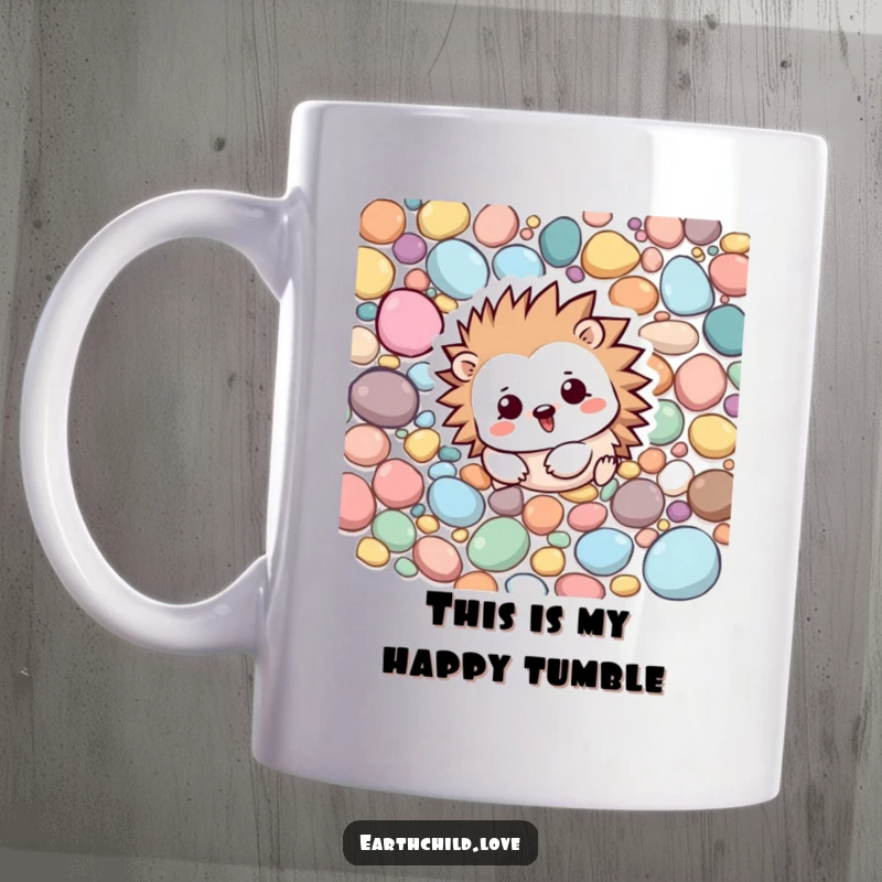 Funny Kawaii hedgehog character rolling playfully among colorful pebbles, a delightful and unique mug design.