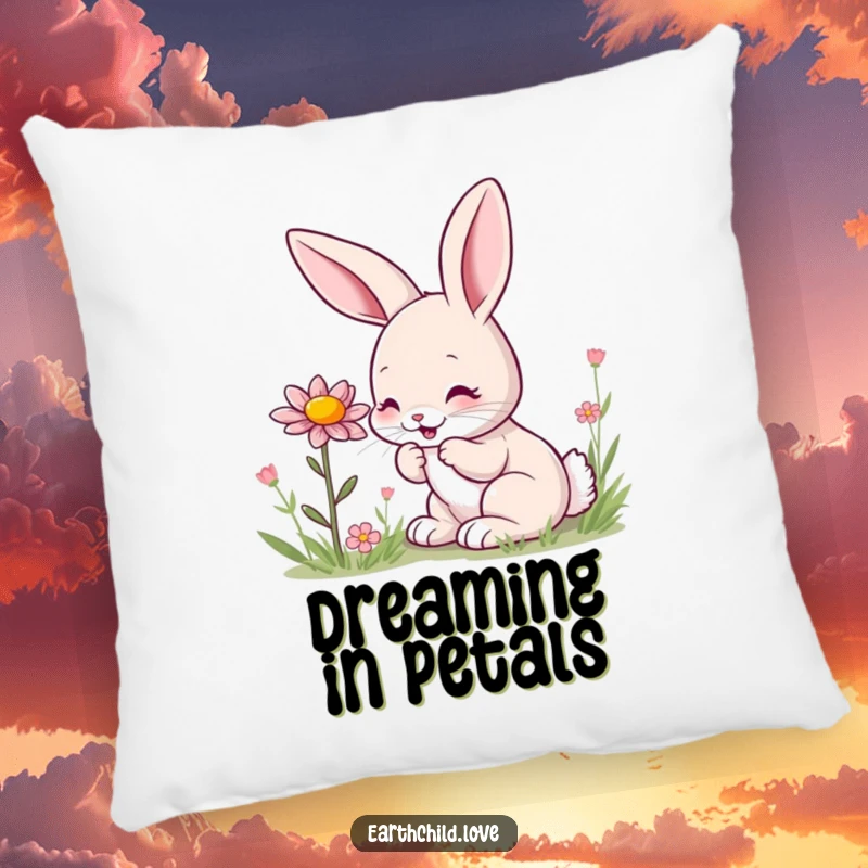 Funny kawaii bunny pillow, depicting a cute bunny sniffing a beautiful wildflower with pure delight.