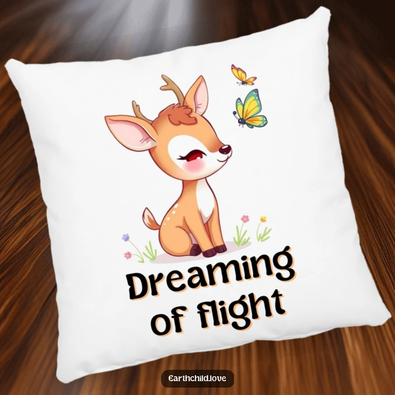 Funny kawaii deer pillow, depicting a cute deer curiously observing a fluttering butterfly.