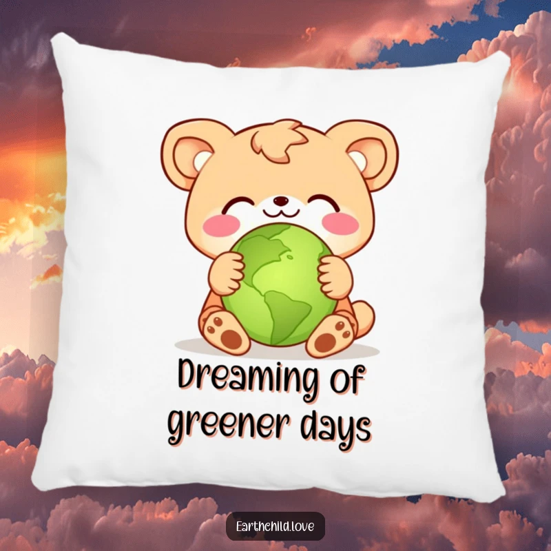 Funny animal character giving a loving hug to a small green planet, depicted on a soft, decorative pillow.
