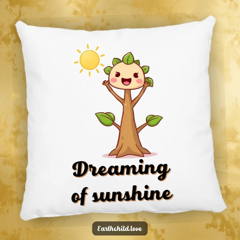 Funny tree sprout pillow, kawaii character reaching enthusiastically towards the sun, soft and cozy for comfort and inspiration.