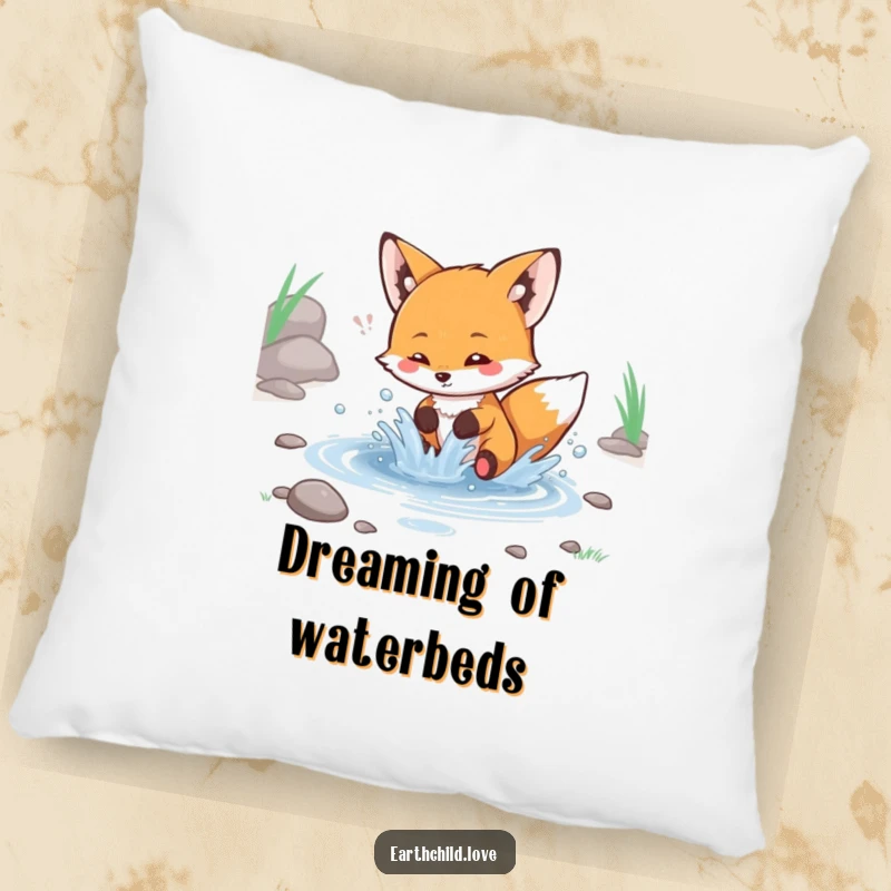 Funny kawaii fox pillow, depicting a cute fox joyfully splashing water in a stream.