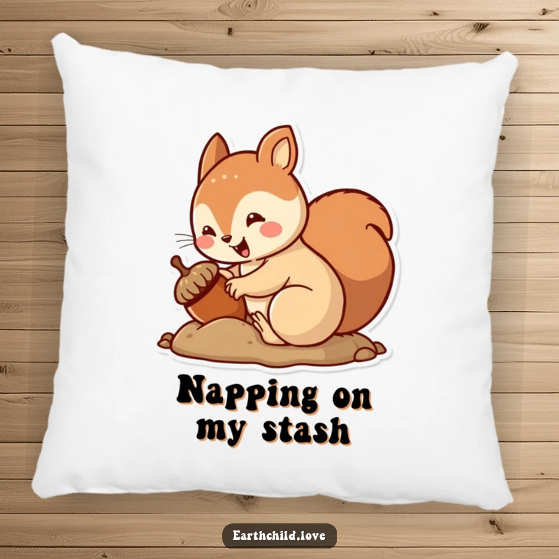 Funny kawaii squirrel pillow, depicting a cute squirrel burying an acorn with an excited wiggle.