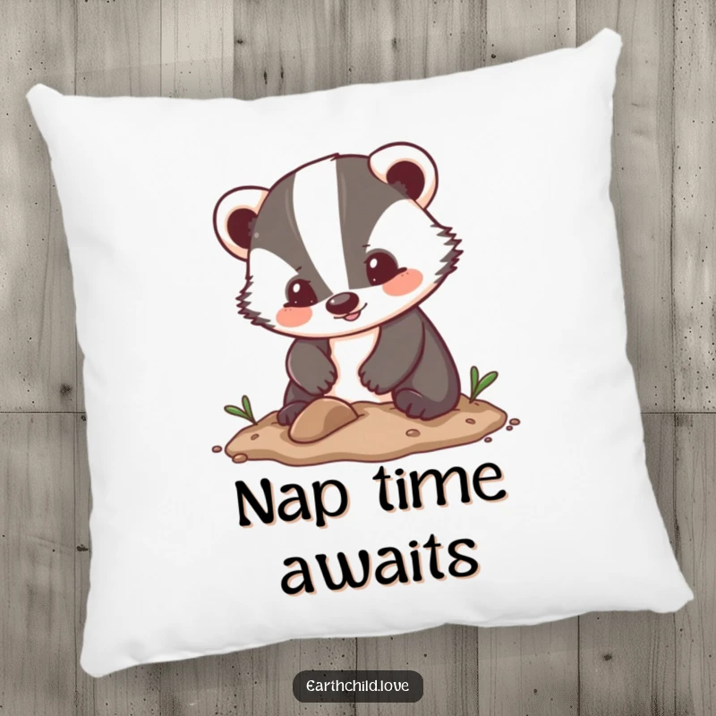 Funny Cushion with a Kawaii badger character enthusiastically digging in soft soil, adding a cute and funny touch to furnishings.