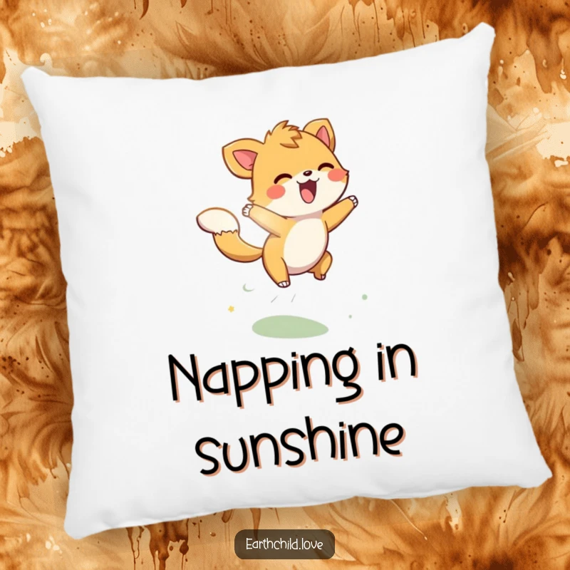 Funny energetic animal character playfully leaping through sunbeams, depicted on a soft pillow.