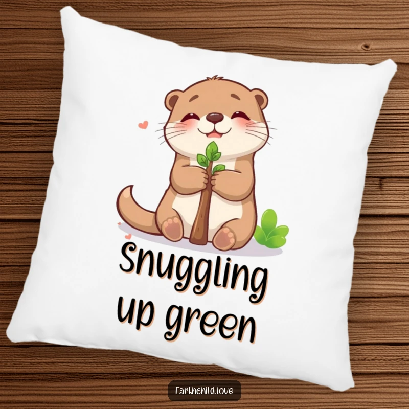 Funny kawaii otter pillow, depicting a cute otter lovingly hugging a small sapling with joy.