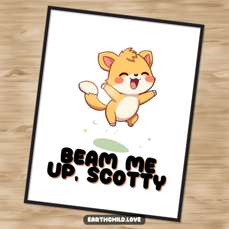 Funny energetic animal character playfully leaping through sunbeams, as a downloadable digital art print.