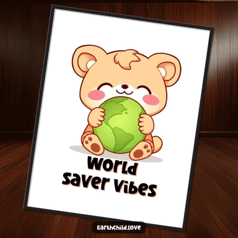Funny animal character joyfully hugging a small green planet, offered as a downloadable digital art print.