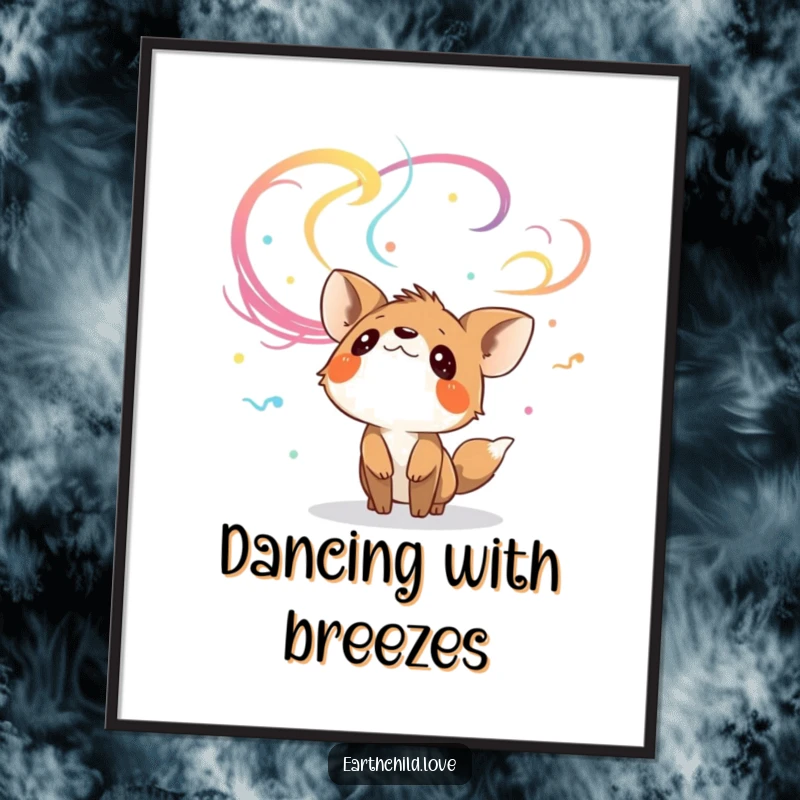 Funny curious animal character looking up at colorful, swirling winds, as a downloadable digital art print.