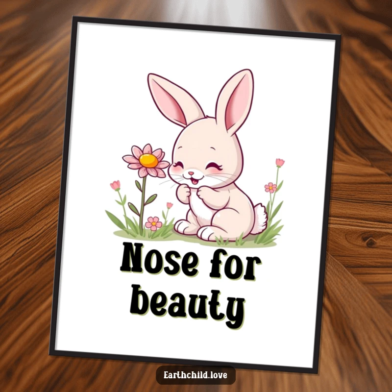 Funny kawaii bunny digital art print, a cute bunny sniffing a wildflower with pure delight.