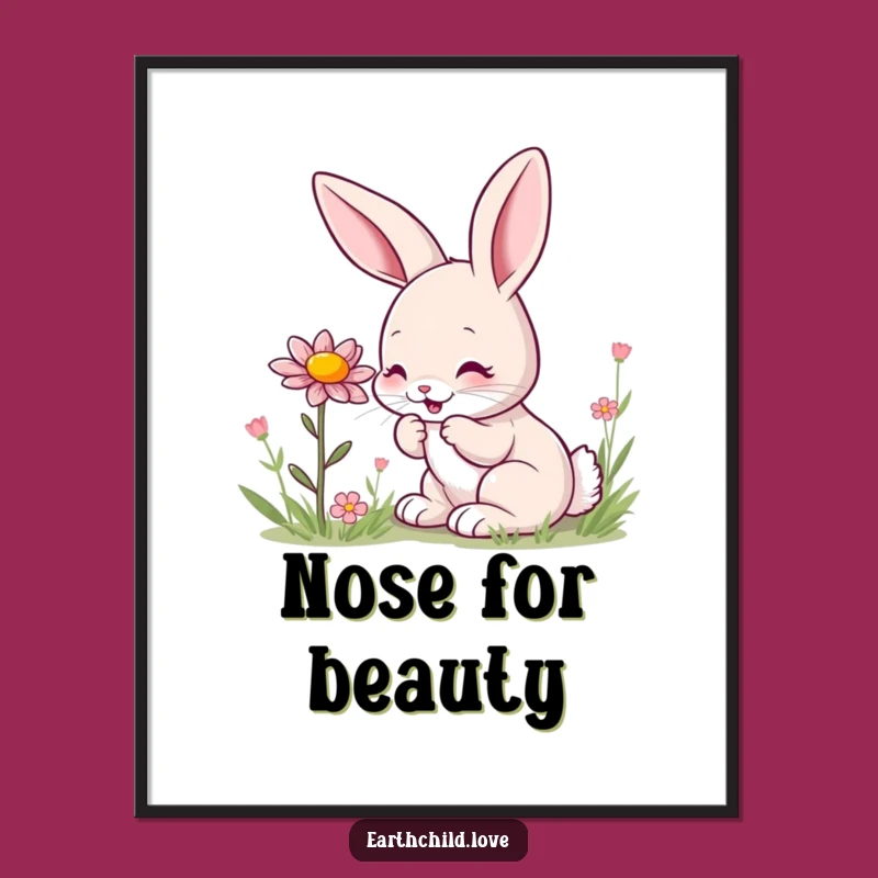 Funny Kawaii Bunny Sniffing Wildflower Digital Art - Adorable Spring Print