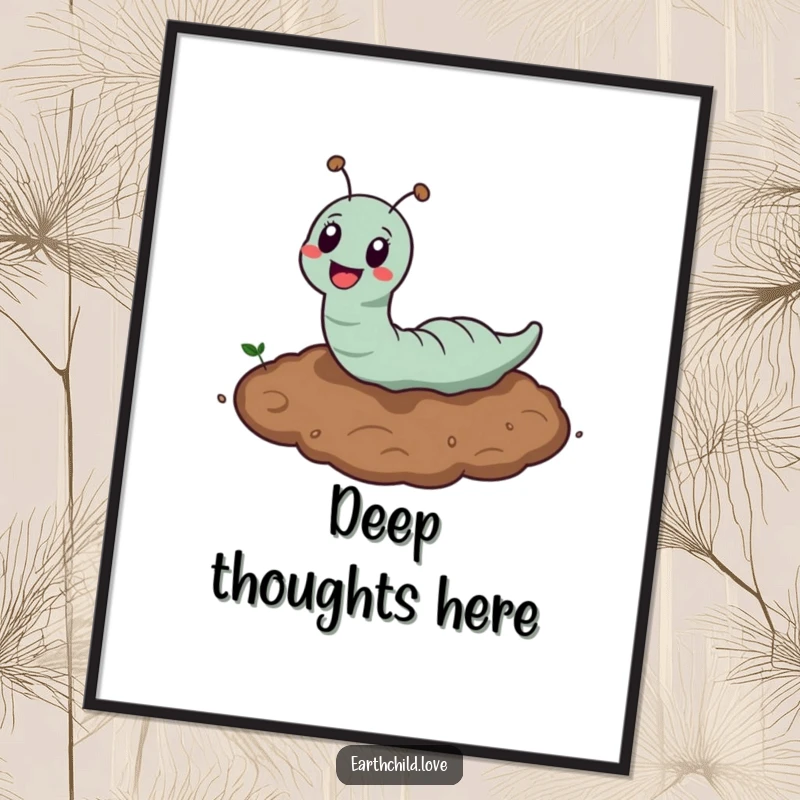 Funny Kawaii Earthworm Digital Art Print of a cute earthworm happily burrowing in soil, a whimsical and funny piece for instant decor.