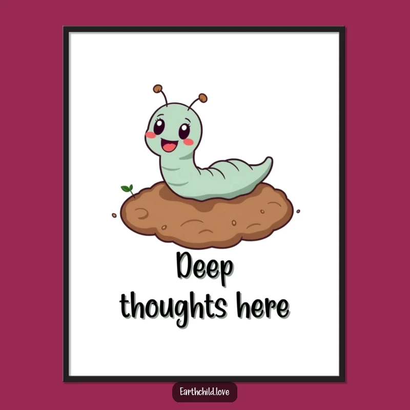 Funny Kawaii Earthworm Burrowing Digital Art Print: Whimsical Decor