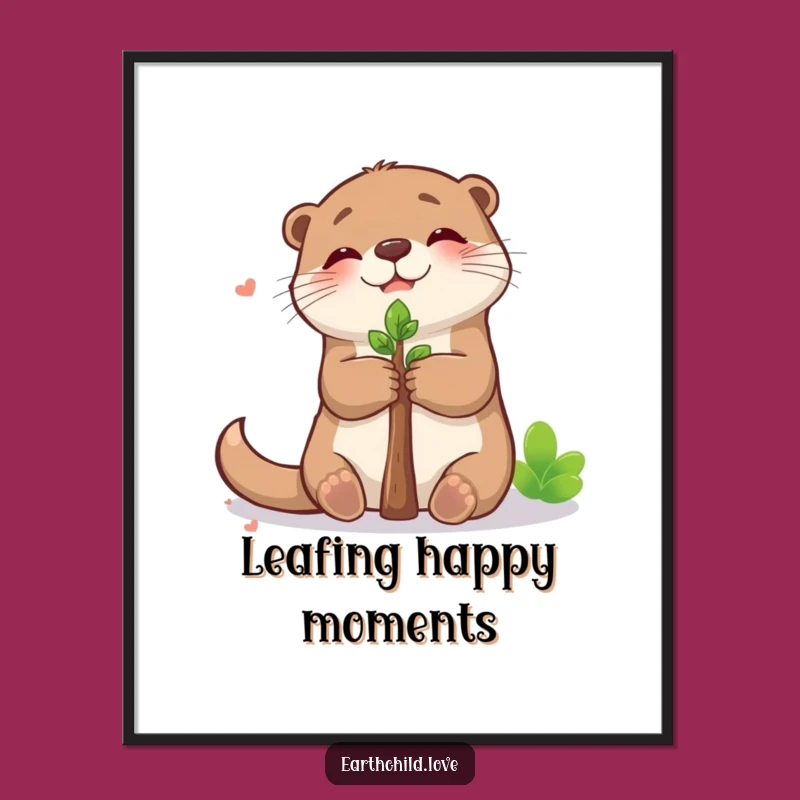 Funny Kawaii Otter Hugging Sapling Digital Art - Adorable Woodland Print