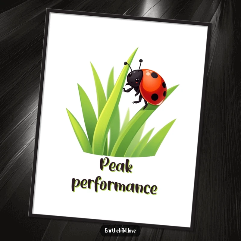 Funny Kawaii Ladybug Digital Art Print of a cute ladybug enthusiastically climbing grass, a charming and funny piece for instant wall decoration.