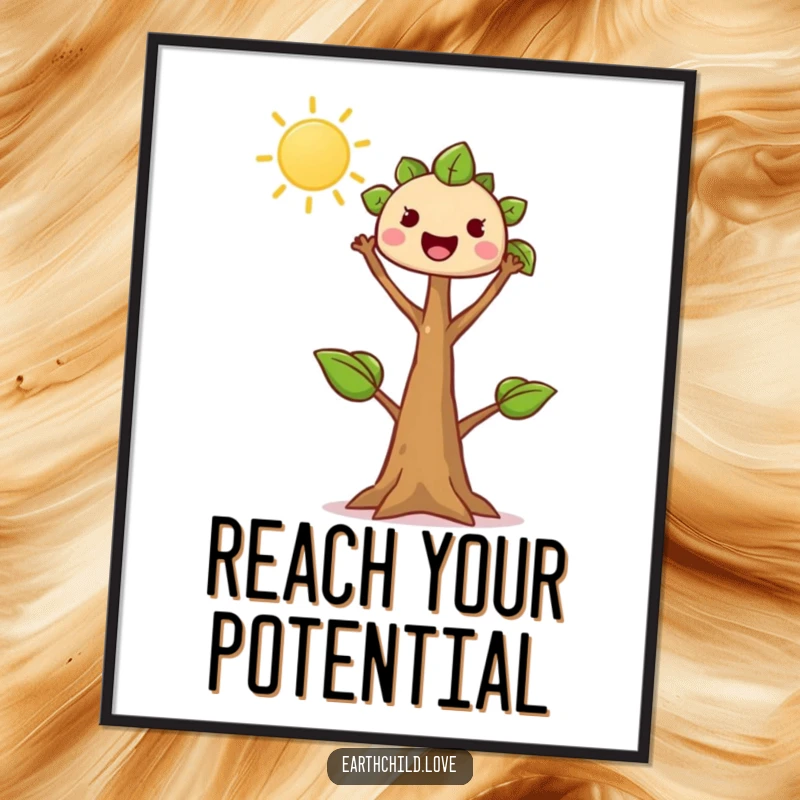 Funny tree sprout digital art print, kawaii character reaching enthusiastically towards the sun, high-quality and inspirational.